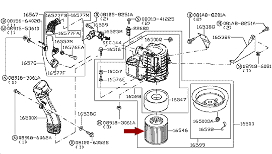 На схеме показан фильтр воздушный NISSAN CABSTAR (Ниссан Кабстар) F24, оригинал, 16546MA70C