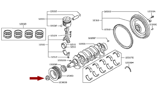 Гайка шкива коленвала NISSAN CABSTAR F24 дв. ZD30DDTI, оригинал, 1230961503
