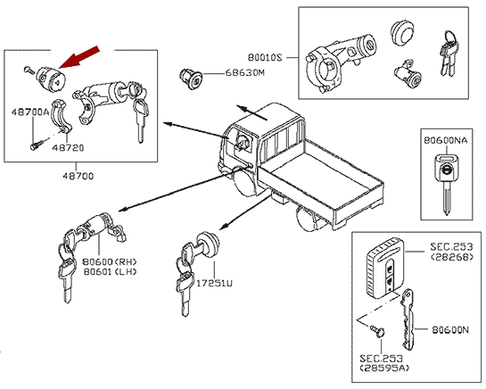 Контактная группа замка зажигания NISSAN CABSTAR (Ниссан Кабстар) F24, 487502F010 На схеме показана контактная группа замка зажигания NISSAN CABSTAR (Ниссан Кабстар) F24, 487502F010