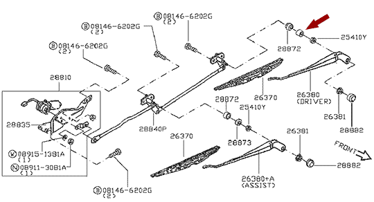 На схеме уплотнитель (втулка) поводка стеклоочистителя Nissan Cabstar (Ниссан Кабстар) F24, 28873MB40A показан