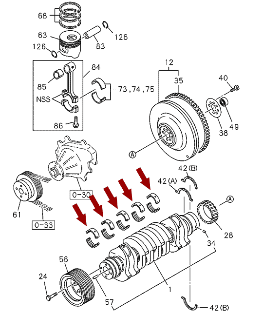 Вкладыши коренные (0.50) ISUZU NQR75/NQR71/NPR75 - комплект, JAPAN, TAIHO, 8973720761 На схеме показан Вкладыши коренные (0.50) ISUZU NQR75/NQR71/NPR75 - комплект, JAPAN, TAIHO, 8973720761